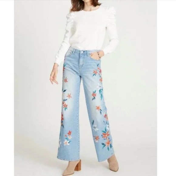 DRIFTWOOD Charlee Wide-Leg Jeans Bright Sky Embroidered Size 28 Boho - Picture 1 of 11